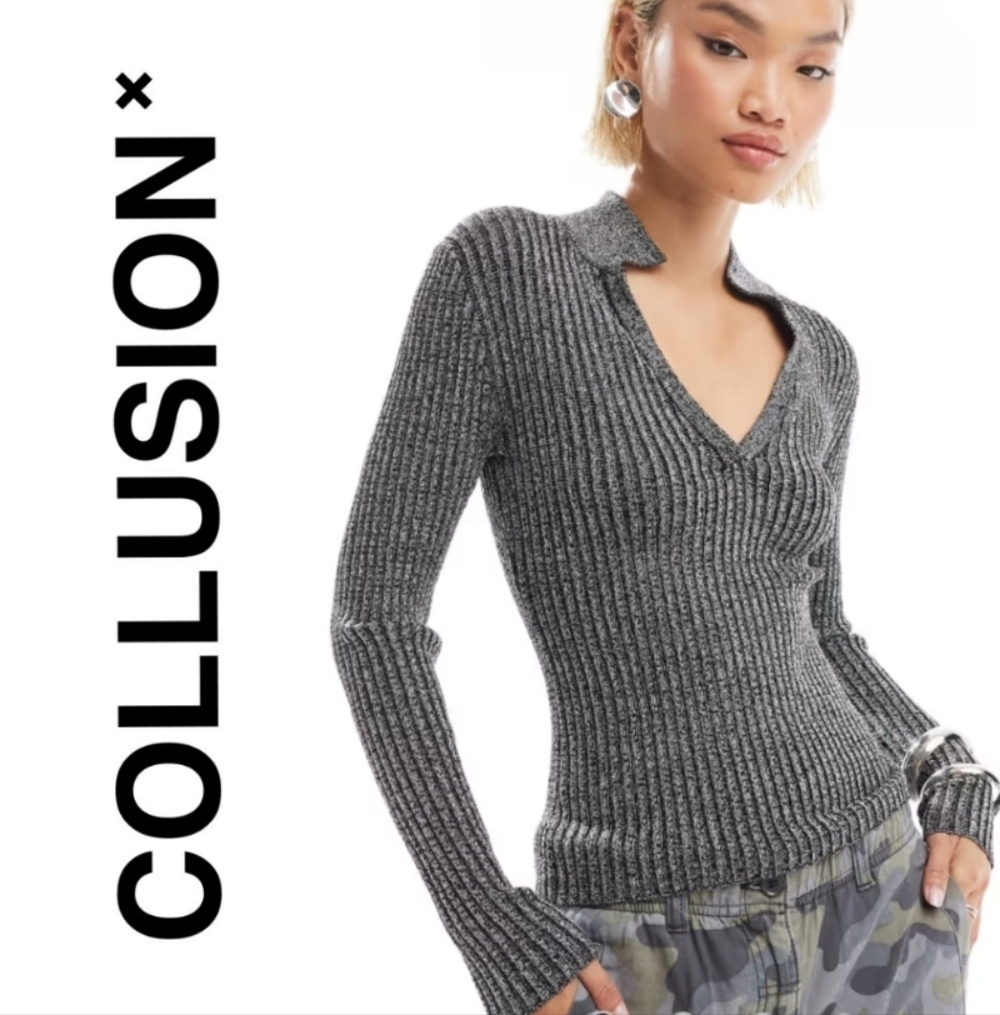 Like New! COLLUSION shimmer knitted v neck collar sweater